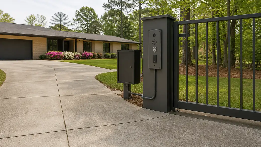 A card reader and intercom are tied into the gate's existing operator box. at a buff-brick ranch home in Scottsdale, AZ, under bright midday cloud.