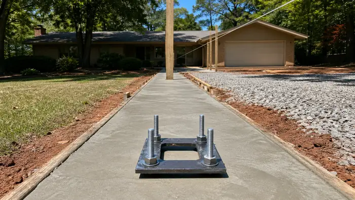 Anchor bolts are set into a fresh concrete footing for a gate post. at a buff-brick ranch home in Scottsdale, AZ, in clear late-morning sun.