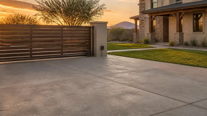 automatic gate installation completed by a local contractor at a stacked-stone and stucco home in Scottsdale, AZ, in late afternoon light.