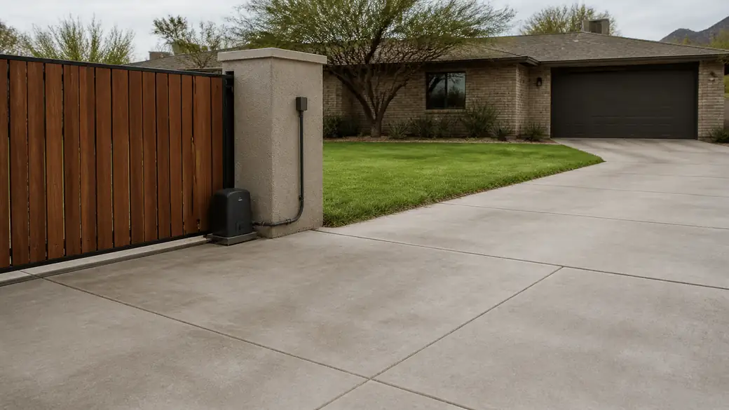 automatic gate motor installation completed by a local contractor at a buff-brick ranch home in Scottsdale, AZ, under an overcast sky.