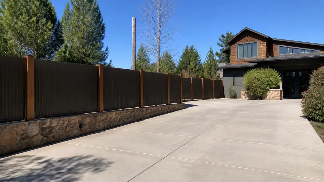 corrugated metal fence installation completed by a local contractor at a grey split-level home in Scottsdale, AZ, in clear late-morning sun.