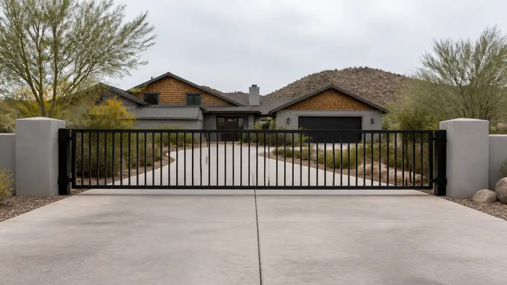 A finished wrought-iron driveway gate closed across a home entrance between two matching posts. at a grey split-level home in Scottsdale, AZ.
