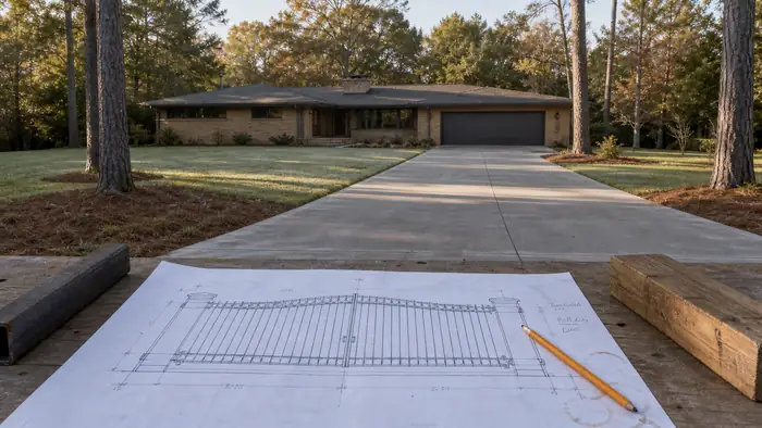 A shop drawing for a residential gate is reviewed before cutting begins. at a buff-brick ranch home in Scottsdale, AZ, in early morning light.