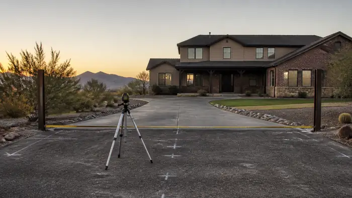 A technician measures the driveway opening at a home before gate work begins. at a brick-and-siding two-story home in Scottsdale, AZ.