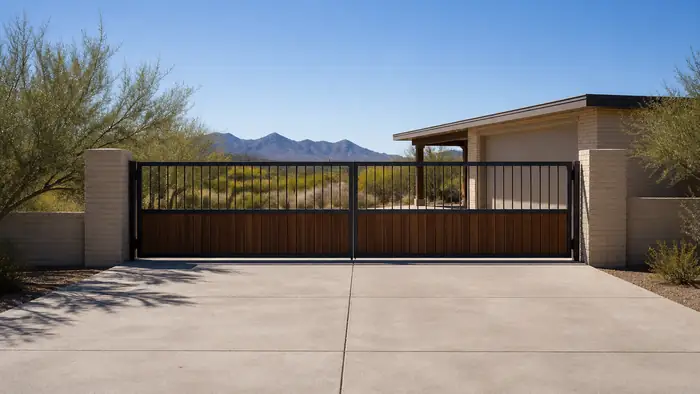 A technician hands over the manual and spare remotes to a homeowner. at a buff-brick ranch home in Scottsdale, AZ, in clear late-morning sun.