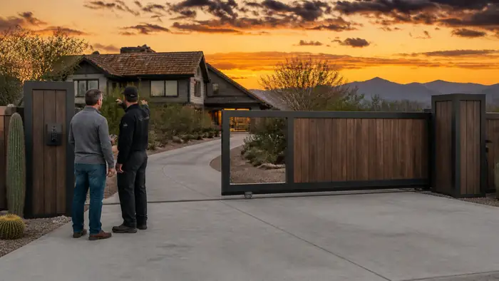 A technician demonstrates the finished gate's operation to the homeowner. at a grey split-level home in Scottsdale, AZ, in early morning light.