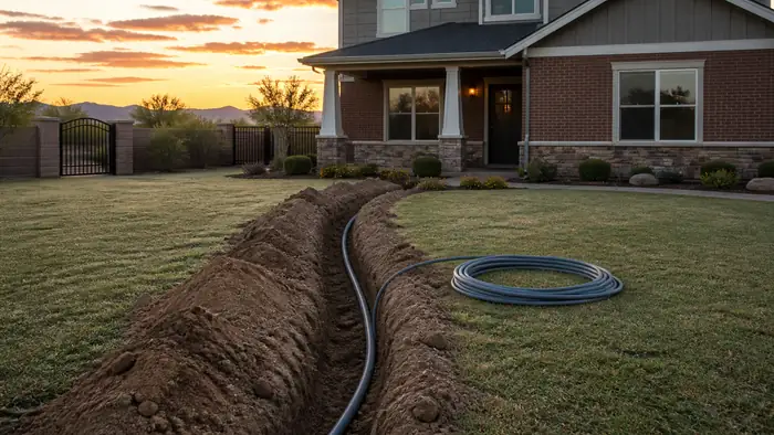 Conduit is laid in a trench from the house to a gate operator. at a brick-and-siding two-story home in Scottsdale, AZ, in early morning light.