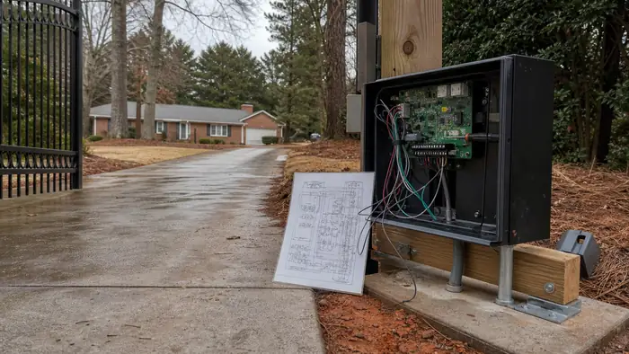 A technician wires a gate operator's control board at a residential post. at a red-brick ranch home in Scottsdale, AZ, after a rain shower.