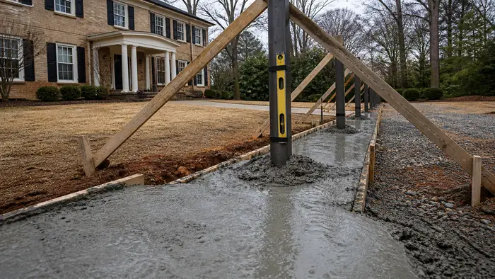 Concrete is poured around a braced gate post at a house. at a tan-brick colonial in Scottsdale, AZ, after a rain shower.