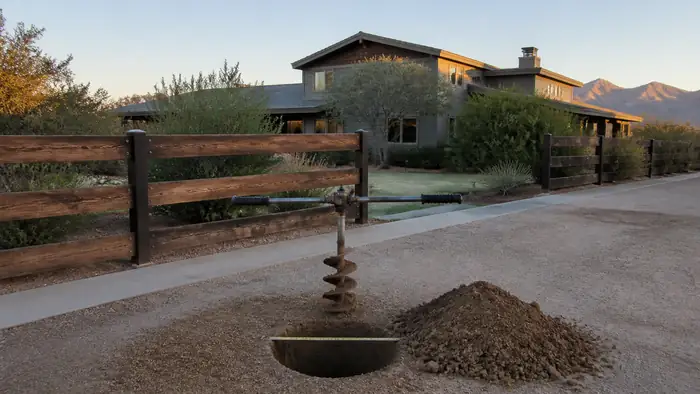 A mechanical auger bores a post hole at a residential gate site. at a grey split-level home in Scottsdale, AZ, in early morning light.