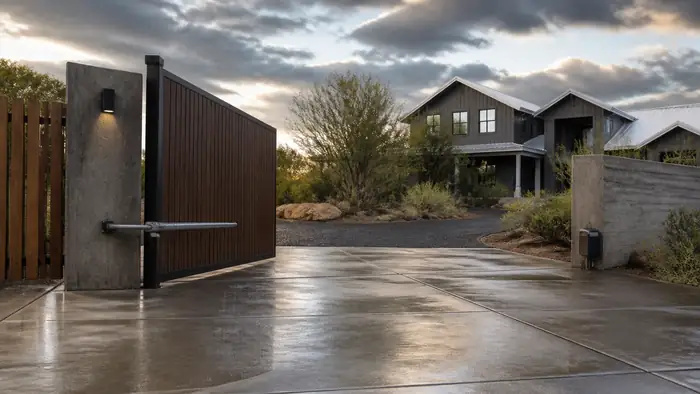 A technician tests a remote control while a residential gate cycles. at a charcoal farmhouse-modern home in Scottsdale, AZ, after a rain shower.