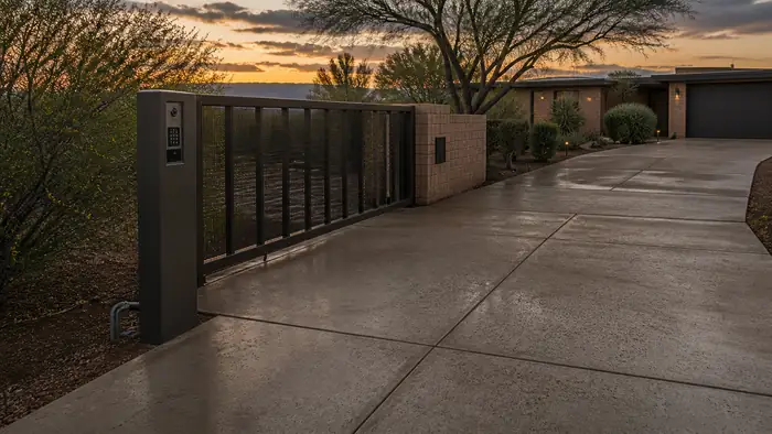 A keypad and intercom stand mounted beside the driveway gate. at a buff-brick ranch home in Scottsdale, AZ, after a rain shower.