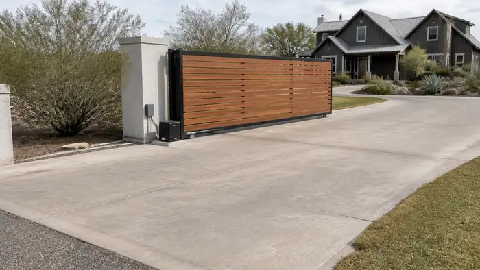 sliding gate installation completed by a local contractor at a charcoal farmhouse-modern home in Scottsdale, AZ, under bright midday cloud.