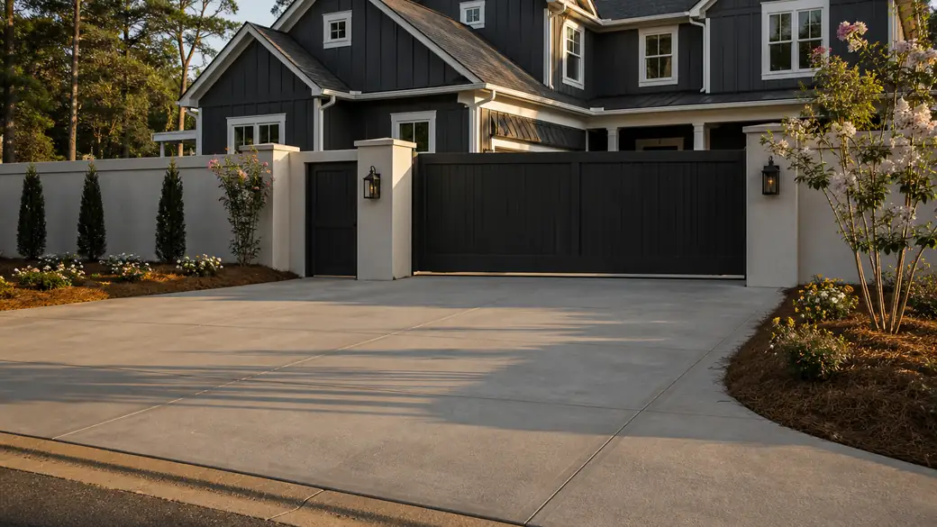 solar-powered gate installation completed by a local contractor at a charcoal farmhouse-modern home in Scottsdale, AZ, in late afternoon light.