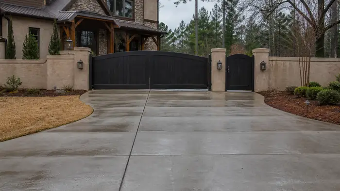 swing gate installation completed by a local contractor at a stacked-stone and stucco home in Scottsdale, AZ, after a rain shower.