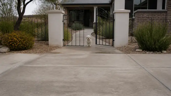 wrought iron gate installation completed by a local contractor at a brick-and-siding two-story home in Scottsdale, AZ, under an overcast sky.