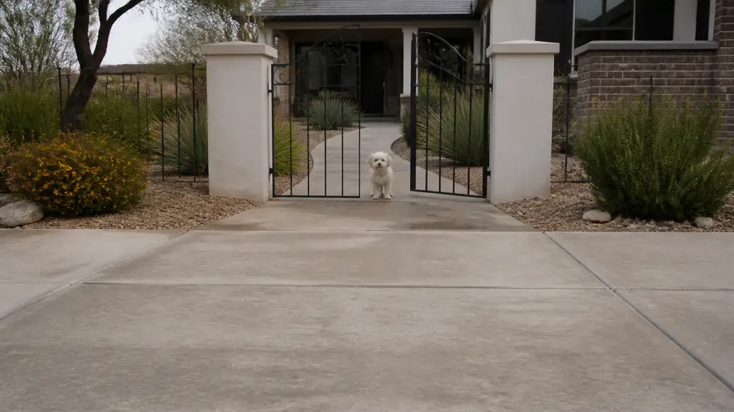 wrought iron gate installation completed by a local contractor at a brick-and-siding two-story home in Scottsdale, AZ, under an overcast sky.